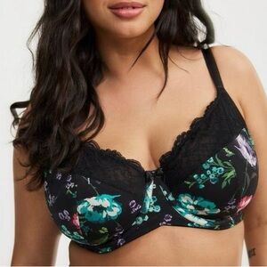 Torrid Black Floral Full Coverage Unlined Lace Trim Bra